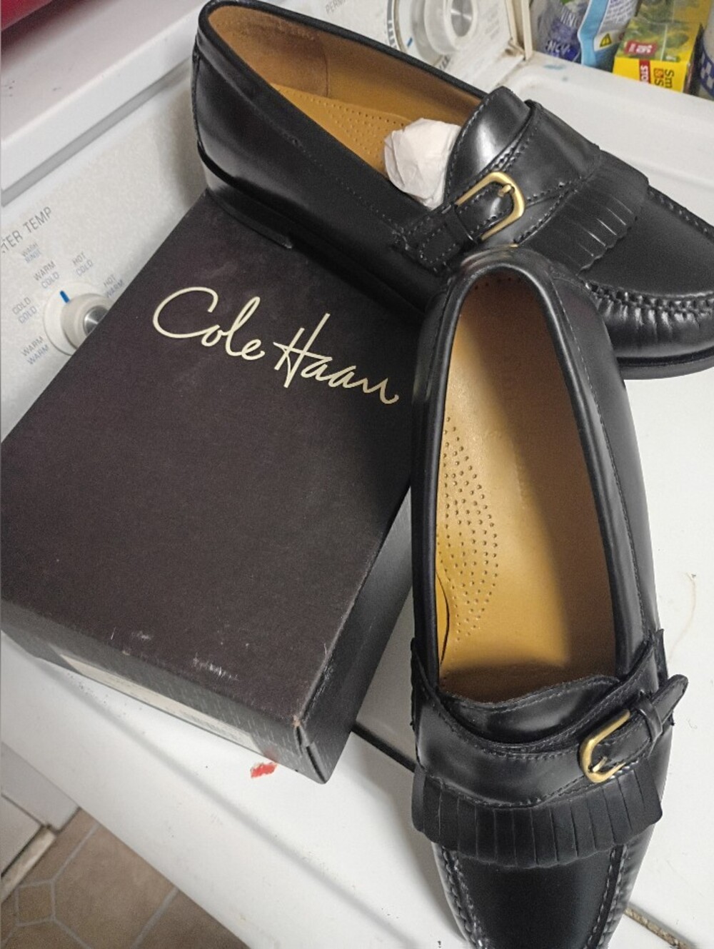 Cole Haan Black Leather Kiltie Buckle Loafers - Picture 2 of 4